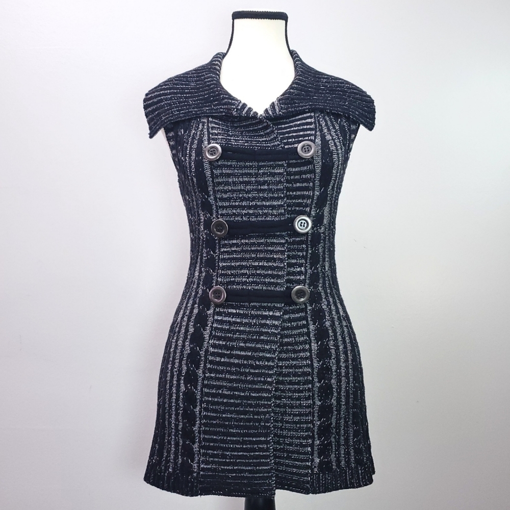 Style & Co. Petite Small Black and White Cable Knit Long Button Vest